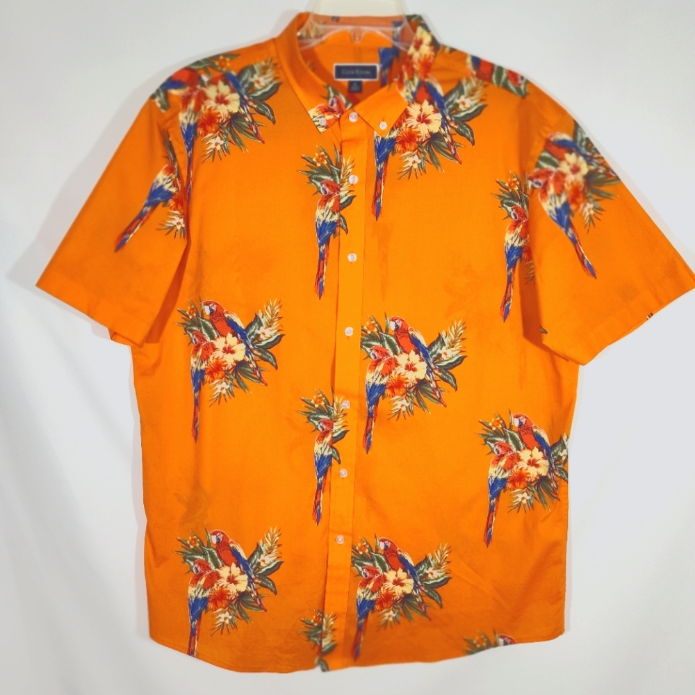 CLUB ROOM Macy's Orange Parrot Hawaiian Men's Short Sleeve Shirt Size XL
